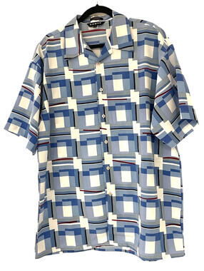 Koman Sport Vintage Shirt L Blue Geometric Short Sleeve Polyester Korea